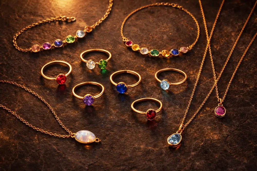 Bijoux en pierres de naissance disposés sur fond sombre — bracelets, bagues et colliers